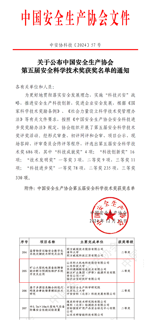 2024年12月矿山大型机电装备故障智能诊断与预测性维护系统开发及应用项目荣获中国安全科学技术二等奖.png